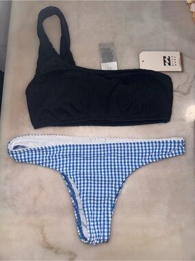 Billabong women’s  Blue Gingham Bottoms & Black Textured Bikini Set